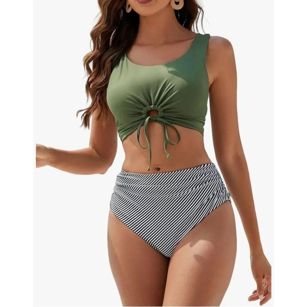 Calsuz Women's Size Medium Green Black White High Waisted Bikini Set